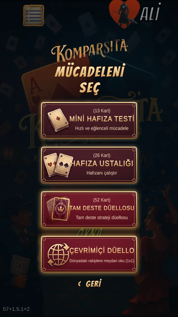 Mod seçimi ekranı: Mini Hafıza Testi, Hafıza Ustalığı, Tam Deste Düellosu, Çevrimiçi Düello